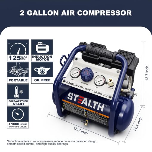 Stealth Air Compressor 2 Gallon, 3/4 HP Oil-Free Compressor, Less than 60dB Ultra Quiet Electric Air Compressor,Max 125 PSI Pressure for Tire Inflation,Nailing,Home DIY Project(SAQ-1234) - Image 9