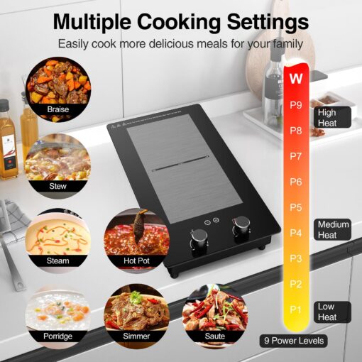 VBGK Double Induction Cooktop,12 Inch 3000W Induction Stove Top 110V 2 Burner Hot Plate with Rotary &Touch Control,9 Levels Settings, Child Safety Lock & Timer - Image 5