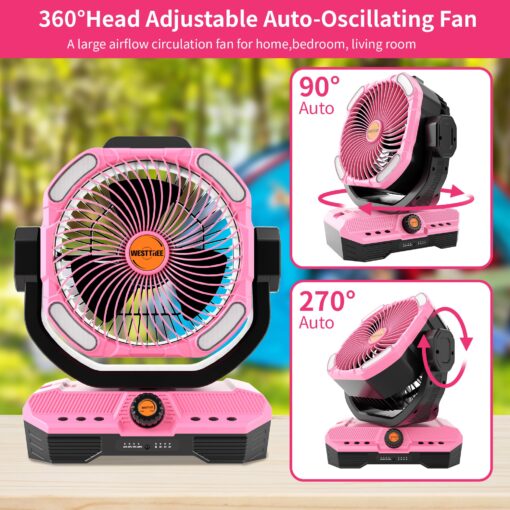 WESTTREE Battery Operated Large Airflow Fan,45000mAh Rechargeable Camping Cordless Fan with 360°Auto Oscillation & Timer, Queit Battery Powered Tent Fans Portable with RGBW Lights for Home X66 Pink - Image 6