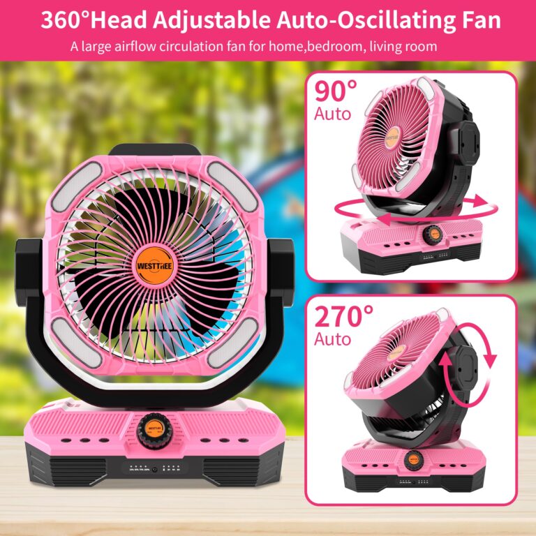 WESTTREE Battery Operated Large Airflow Fan,45000mAh Rechargeable Camping Cordless Fan with 360°Auto Oscillation & Timer, Queit Battery Powered Tent Fans Portable with RGBW Lights for Home X66 Pink - Image 6