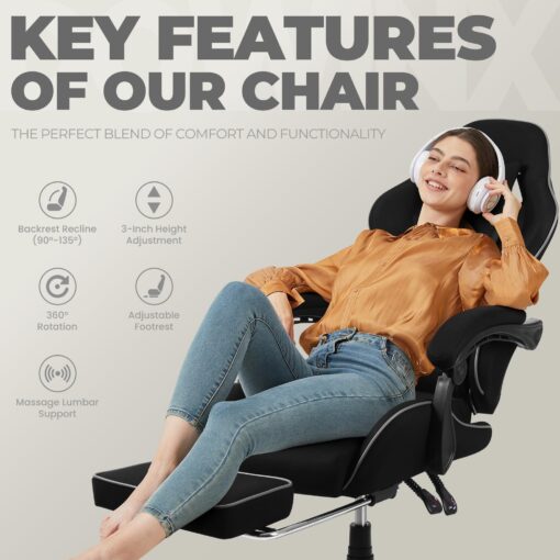 Dowinx Gaming Chair Fabric with Pocket Spring Cushion, Massage Game Chair Cloth with Headrest, Ergonomic Computer Chair with Footrest 290LBS, Black - Image 4
