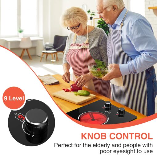 110v Electric Cooktop 2 Burners, 12'' Electric Stove Top with Plug in, GTKZW Knob Control Countertop & Built-in Ceramic Cooktop, 9 Power Levels, Child Lock, Timer, Over-Heat Protection - Image 9