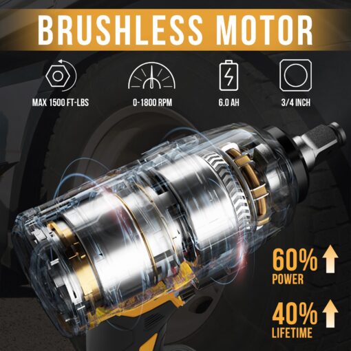 EWORK 3/4 Cordless Impact Wrench Max 1500 Ft-lbs 21V Brushless High Torque 3/4 Impact Gun with 6.0Ah Li-ion Battery, Fast Charger, 3/4" to 1/2 Inch Socket Adapter, Tool Bag (RB-819) - Image 7