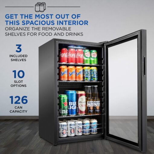 Ivation 126 Can Beverage Refrigerator | Freestanding Ultra Cool Mini Drink Fridge | Beer, Cocktails, Soda, Juice Cooler for Home & Office | Reversible Glass Door & Adjustable Shelving - Black - Image 5