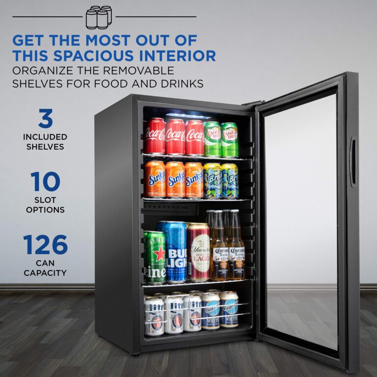 Ivation 126 Can Beverage Refrigerator | Freestanding Ultra Cool Mini Drink Fridge | Beer, Cocktails, Soda, Juice Cooler for Home & Office | Reversible Glass Door & Adjustable Shelving - Black - Image 5