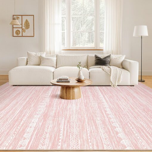 Pink Rugs for Bedroom Girls: 8x10 Washable Boho Large Neutral Cute Soft Area Rug Modern Indoor Floor Non Slip Accent Carpet for Living Room Nursery Kids Playroom Preppy Room Dorm Baby Room Decor - Image 4
