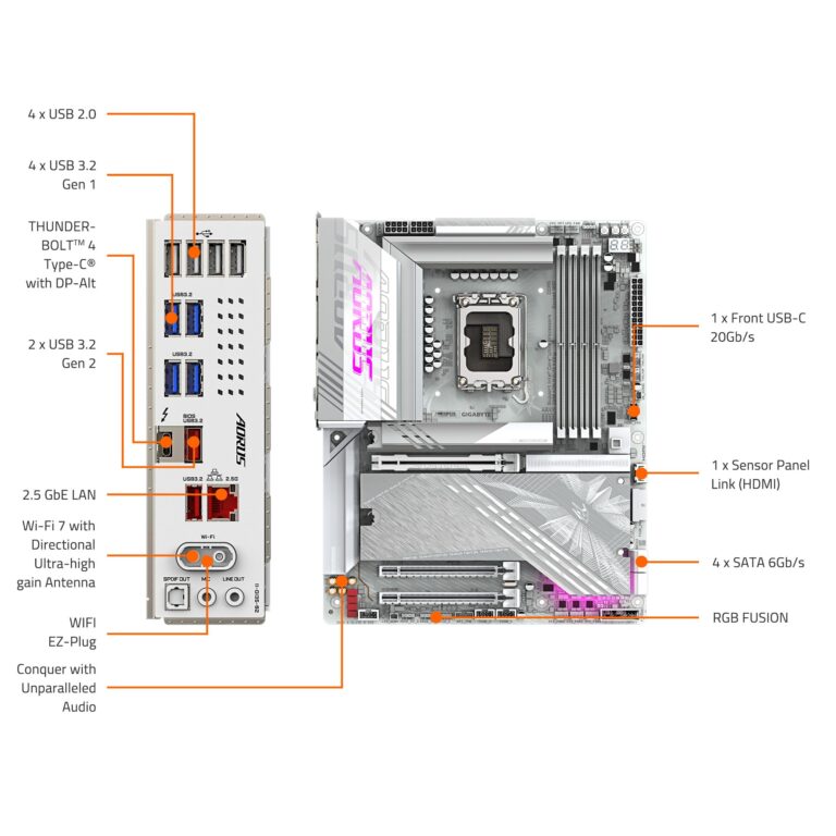 GIGABYTE Z890 AORUS Elite X ICE Intel Core Ultra (Series 2) LGA 1851 Motherboard, ATX, DDR5, 5X M.2, PCIe 5.0, Thunderbolt 4, WIFI7, 2.5GbE LAN, EZ-Latch - Image 2