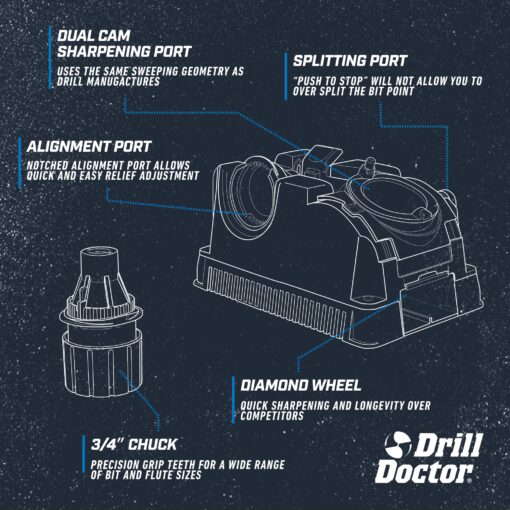 Drill Doctor DD750X Electric Drill Bit Sharpener, 3/32-3/4" High-Speed, Portable - Steel, Masonry, Carbide, Cobalt, Tin-Coated Bits, Adjustable Angles - Image 8