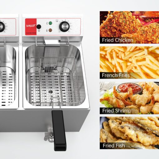 Valgus Dual Tanks Commercial Deep Fryer Electric 1700W 120V 26L Large Capacity Stainless Steel Countertop Kitchen Frying Machine with Basket & Lid, Drain System for Home Kitchen and Restaurant - Image 2