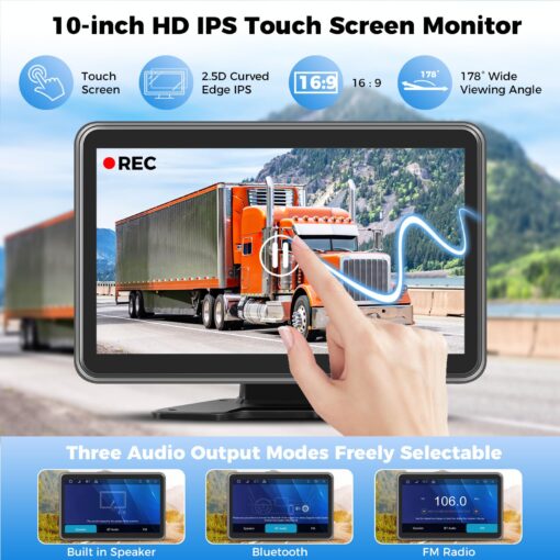 Losuudy 4 Channel Backup Camera Dash Cam System for Trucks, RVs, Trailers, Carplay & Android Auto, 10'' Touch Screen Monitor, 4 HD1080P Wired Rearview Reverse Cameras with Night Vision, IP68-rated. - Image 2
