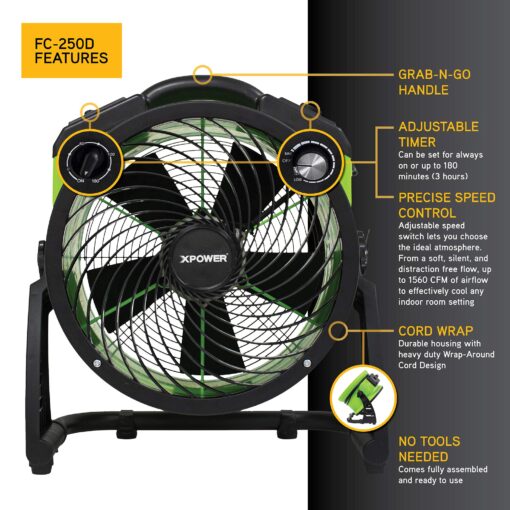 XPOWER FC-250D DC Motor Heavy Duty Industrial High Velocity Whole Room Air Mover Air Circulator Utility Floor Fan, Variable Speed, Timer, 13 inch, 1560 CFM - Image 6