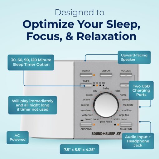 Adaptive Sound Technologies Sound + Sleep SE Noise Machine - White Noise Machine - Non-Looping Environmental/Nature Sounds for Sleep & Relaxation - with Timer & Headphone Jack - White/Silver - Image 3
