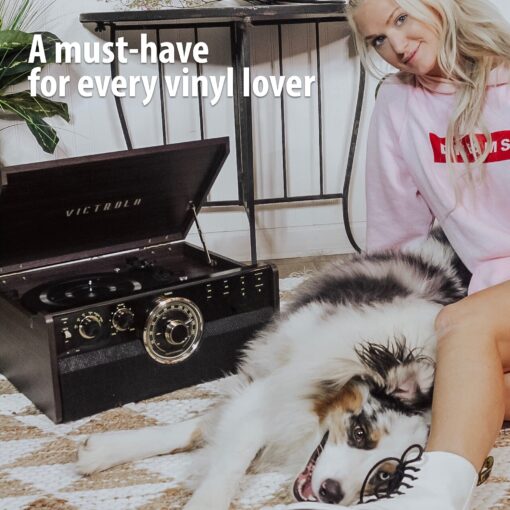 Victrola Mid Century 6-in-1 Bluetooth Record Player and Multimedia Center with Built-in Speakers - 3-Speed Turntable, CD and Cassette Player, AM/FM Radio Wireless Music Streaming Grey - Image 3
