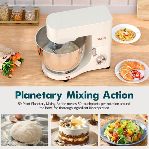 COOKLEE Stand Mixer, 9.5 Qt. 660W Electric Kitchen Mixer with Dishwasher-Safe Dough Hooks, Flat Beaters, Wire Whip & Pouring Shield Attachments for Most Home Cooks, White - Image 7