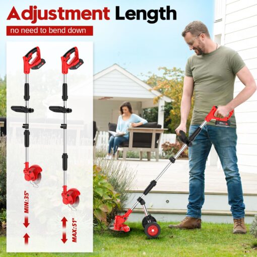 Electric Weed Wacker Cordless with Wheels, Weed Eater Battery Powered 2000mAh 21V, 3 in 1 Lightweight Grass Trimmer String Trimmer Brush Cutter Mower, Stringless Weed Trimmer Edger W/Blade 2 Battery - Image 2