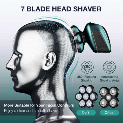 Head Shaver 7D, Wyklaus Head Shavers for Bald Men, Head Electric Razor with Nose Hair Trimmer, Waterproof Wet Dry Mens Grooming Kit, Anti-Pinch (Green) - Image 7