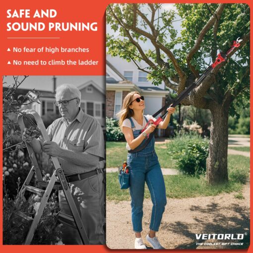 VEITORLD 2-IN-1 Cordless Electric Pole Pruning Shears, 15ft Reach, 1.2" Cutting Diameter, Battery Powered with 2x 2000mAh, Brushless Motor for Efficient Garden Tree Trimming, Branch Cutting（Red） - Image 6