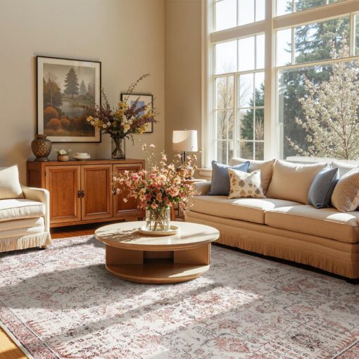 jinchan Area Rug 6x9 Washable Living Room Rug Vintage Indoor Large Floor Cover Retro Accent Mat Distressed Floral Country Boho Non Slip Thin Carpet for Bedroom Kitchen Dining Room Office Red Multi - Image 7