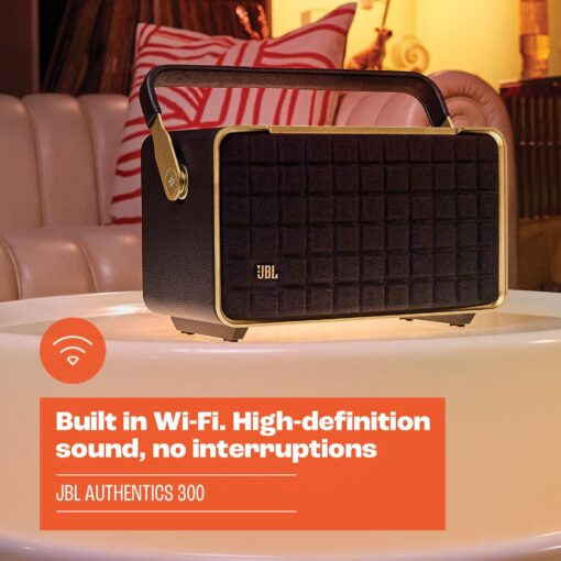 JBL Authentics 300 - Retro Style Wireless Bluetooth/WiFi Home Speaker, Built in Battery (4800mAh), Music Streaming Services via Built-in Wi-Fi, Built in Alexa and Google Assistant (Black/Gold) - Image 4