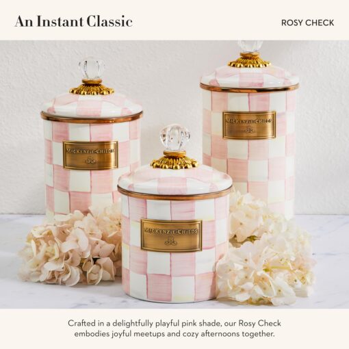 MACKENZIE-CHILDS Large Enamel Canister, Kitchen Storage Container for Flour and Sugar, 1.89 Liters, Pink-and-White Rosy Check - Image 5