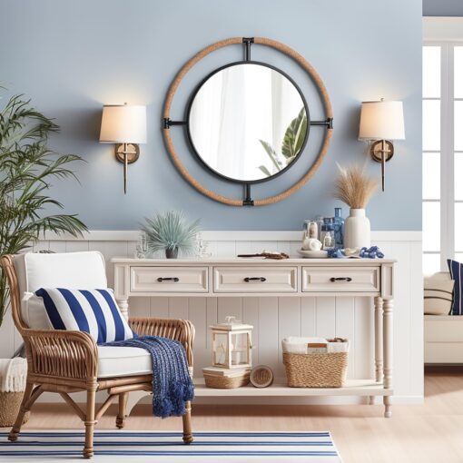 Barnyard Designs 32 Inch Round Nautical Coastal Wall Mirror, Metal/Rope Framed Rustic Farmhouse Bathroom Beach Decor, Black/Natural - Image 6