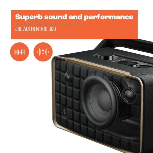 JBL Authentics 300 - Retro Style Wireless Bluetooth/WiFi Home Speaker, Built in Battery (4800mAh), Music Streaming Services via Built-in Wi-Fi, Built in Alexa and Google Assistant (Black/Gold) - Image 7