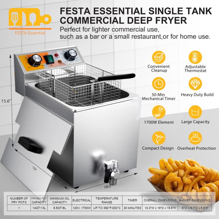 Festa Essential 14 Qt. Electric Countertop Commercial Deep Fryer with 6.8 Qt. Basket, for Restaurant and Home - 120V, 1700W, Stainless Steel Build - Image 6