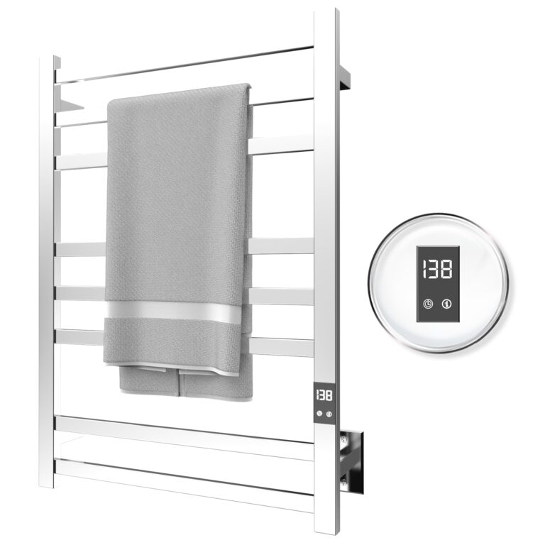 PeakTrivol 8-Bar Towel Warmer - Fast Heating, Auto Shut-Off Timer, LED Display Panel - Hardwired or Plug-in Options - Polished 304 Stainless Steel - Ideal for Bathroom - Hot Towel Warmer Rack