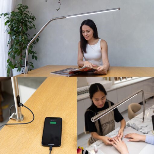 daylight Slimline 4™ LED Table Lamp in Brushed Steel - 6,000K, 3,200 Lux, 4 Brightness Levels, USB-C Charging Port, Anti-Glare Diffuser, Flexible Design, Art & Craft, Sewing, Nail Salon - Image 2