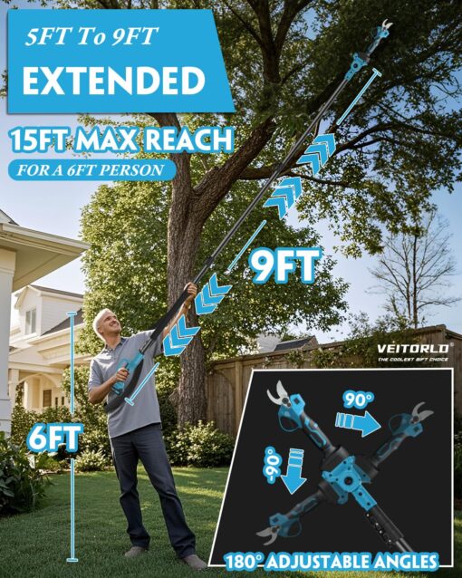 VEITORLD 2-IN-1 Cordless Electric Pole Pruning Shears, 15ft Reach, 1.2" Cutting Diameter, Battery Powered with 2x 2000mAh, Brushless Motor for Efficient Garden Tree Trimming, Branch Cutting（Blue） - Image 7