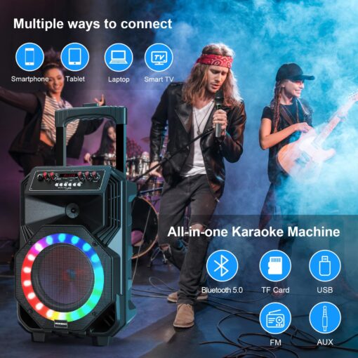 Karaoke Machine with 2 Wireless Microphones, Rolling Wheels, and Trolley – 8800mAh Portable Bluetooth Speaker, PA System with Lights, Adjustable Bass/Treble/Echo for Parties, Indoor and Outdoor Use - Image 3