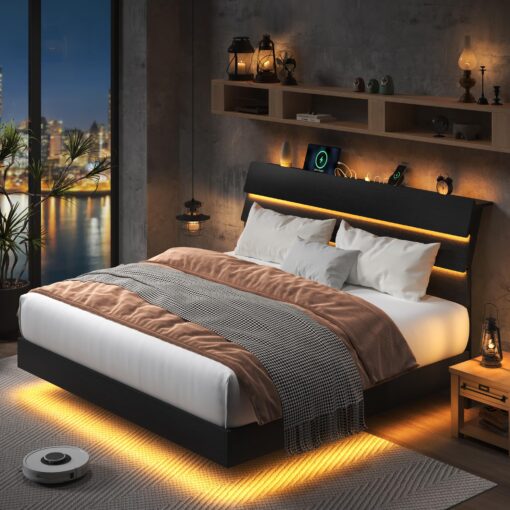 Feonase King Size Floating Bed Frame with Led Lights and Charging Station, Wood King Bed Frame with Storage Headboard, Heavy Duty Metal Slats, No Box Spring Needed, Easy Assembly, Black - Image 2
