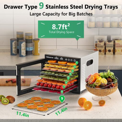 KEENSTAR Food Dehydrator for Jerky 1000W, 9 Stainless Steel Trays, 165℉ Temperature Control, 8.7ft² Drying Space, 48H Timer, Dryer Machine for Dog Treats, Herb, Veggies, Meat, Fruit - Image 7