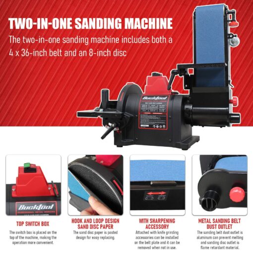 BUCKTOOL Pro 1HP Bench Belt Sander for Metal Working, 4 x 36 in Belt and 8 in Disc Sander with 1HP Direct-drive Motor, Benchtop Belt Disc Sander for Metalworking, BD4801-M - Image 7