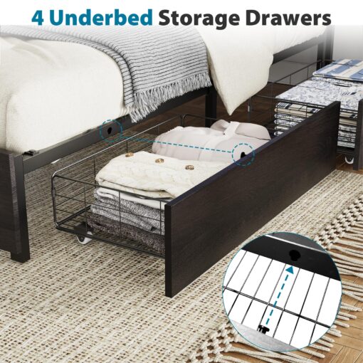 Kiivakii Full Size Bed Frame with Headboard, LED Platform Bed with 4 Storage Drawers, Built in Charging Station, Noise-Free, Metal Support Base, No Box Spring Needed, Black - Image 5