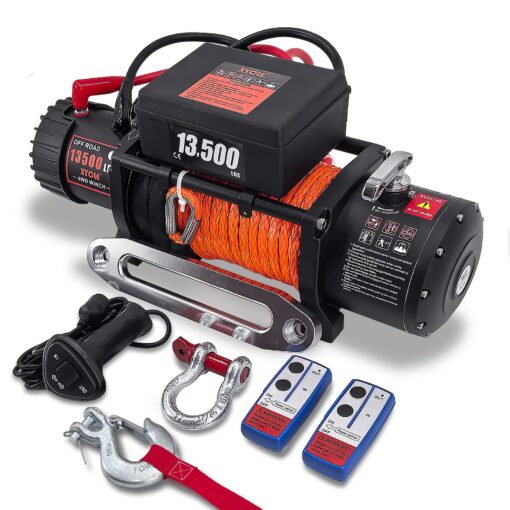 Winch 13500 lbs 12V Waterproof Electric Winch Synthetic Rope Electric Winch Towing Winch Boat Trailer Winch SUV 4-Wheel Drive Off-Road Vehicle with Remote Control 3/8 Synthetic Rope (Dark-Orange)