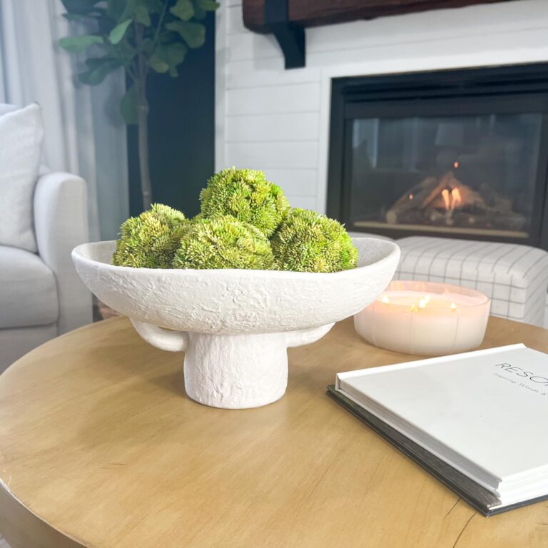 Luxurious White Textured Ceramic Bowl and Greenery Set,12.5x10.5 Inch Pedestal Decorative Bowl, with 6 Green Succulent Moss Balls, Counter Top, Farmhouse Table Centerpiece, Living Room, Kitchen Decor - Image 5