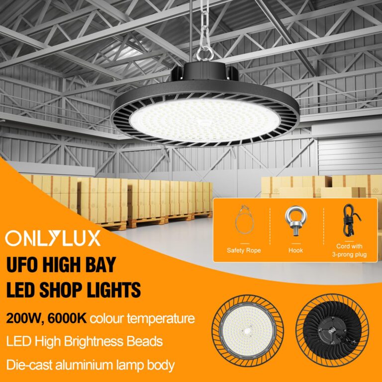ONLYLUX 8 Pack LED High Bay Lights 200W, 30000LM 6500K UFO High Bay Led Shop Lights AC100-277V with Plug Industrial Warehouse Workshop Factory Barn Garage Area Lighting Fixture - Image 5