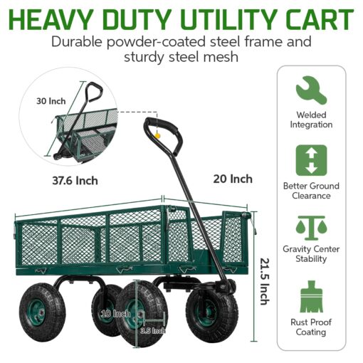 TAIFA Heavy Duty Steel Garden Cart 880 Lbs Capacity with Removable Sides for Yard Lawn and Farm, Metal Utility Wagon with 180° Rotating Handle, Green - Image 7