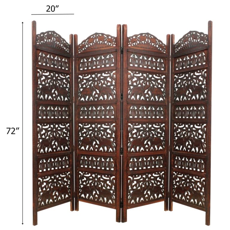 Room Divider Wood Screen - Elephant Hathi Walnut Brown - 4 Panel Fording 72x80 - Intricate Carved Room Décor Boho Portable Partition Privacy Screen Small Spaces Reversible Freestanding - COTTON CRAFT - Image 7