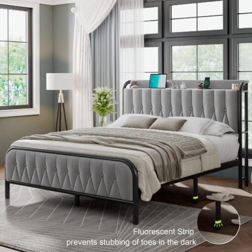 Feonase Velvet Full Size Bed Frame with Fast Charging Station,Full Metal Platform Beds with Upholstered Headboard & Footboard,12" Under Bed Storage Space,Easy Assembly,Noise-Free,Matte Gray - Image 6