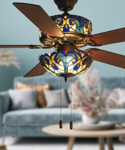 RIVER OF GOODS 52 Inch LED Stained Glass Ceiling Fan With Remote - Double-Lit Ceiling Fans With Lights - Unique Lighting & Ceiling Fans - Charming Antique Ceiling Fan Light Fixture - Halston - Blue