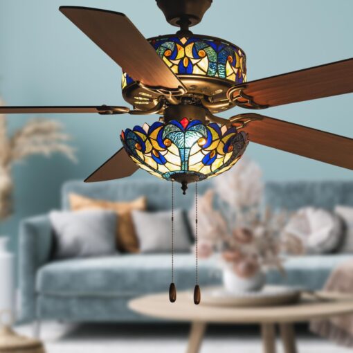 RIVER OF GOODS 52 Inch LED Stained Glass Ceiling Fan With Remote - Double-Lit Ceiling Fans With Lights - Unique Lighting & Ceiling Fans - Charming Antique Ceiling Fan Light Fixture - Halston - Blue