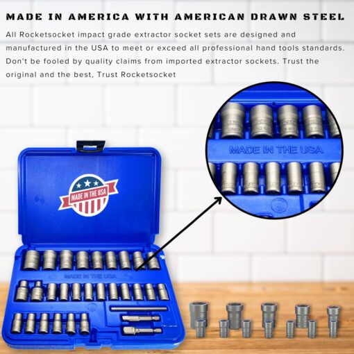 30 Piece Extraction Socket Tool Set | Made in USA Steel | ¼” and ⅜” Drive Impact Grade Bolt and Nut Remover Kit | Turbo Sockets for Stripped, Rounded, Frozen Bolts & Nuts | Nut Extractor Socket Set - Image 6