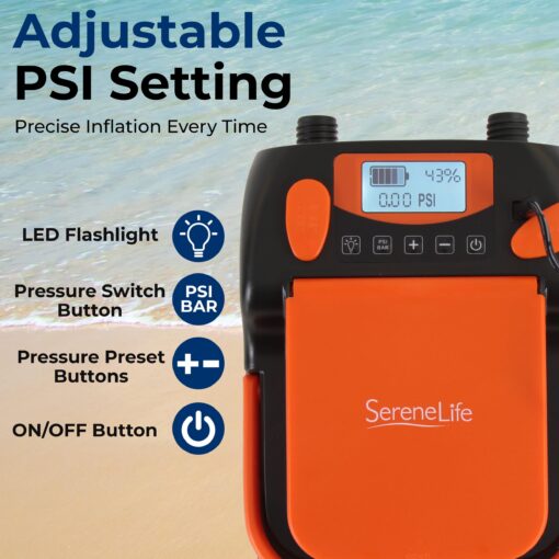 SereneLife Inflatable Paddle Board Pump Compressor - 16PSI High Pressure SUP Inflator - 12V DC Car Connector - Electric Air Pump for Paddle Boards, Boats, Rafts, Pool Toys - Deflation Function - Image 6