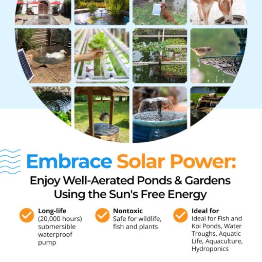 Solariver - 12-Watt Solar Aerator Kit with 5 Air Stones, Sun-Powered, Easy-to-Install & Maintenance-Free Outdoor Aerator for Fish Ponds, Water Trough, Koi Pond, Aquaculture, Hydroponics & More - Image 8