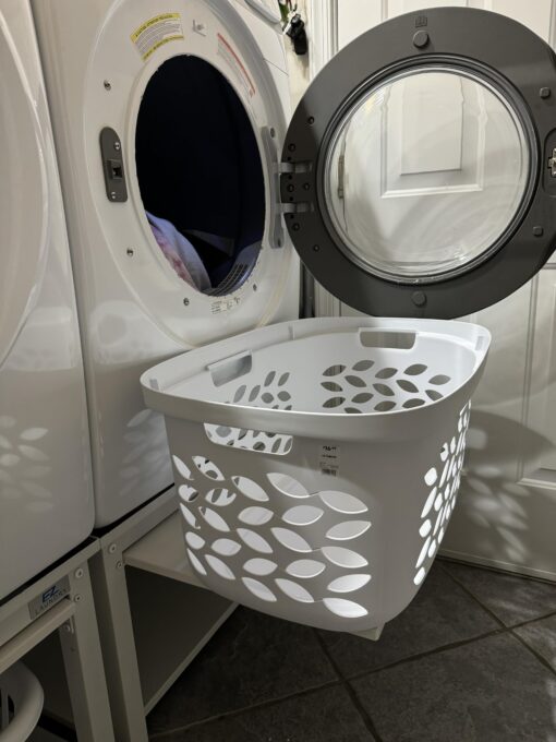 EZ Laundry - Laundry Pedestal for Washer/Dryer, 24" Anti-Vibration Steel Stand with Adjustable Feet Elevates 18", Includes Drain Pan & Hose Pull Out Shelf (White with Shelf) - Image 2