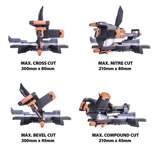 Evolution Power Tools R255SMS+ PLUS 10-Inch Sliding Miter Saw Plus Multi-Material Multi-Purpose Cutting Cuts Metal, Plastic, Wood & More 0˚ - 45˚ Bevel & 50˚ - 50˚ Miter Angles TCT Blade Included - Image 5