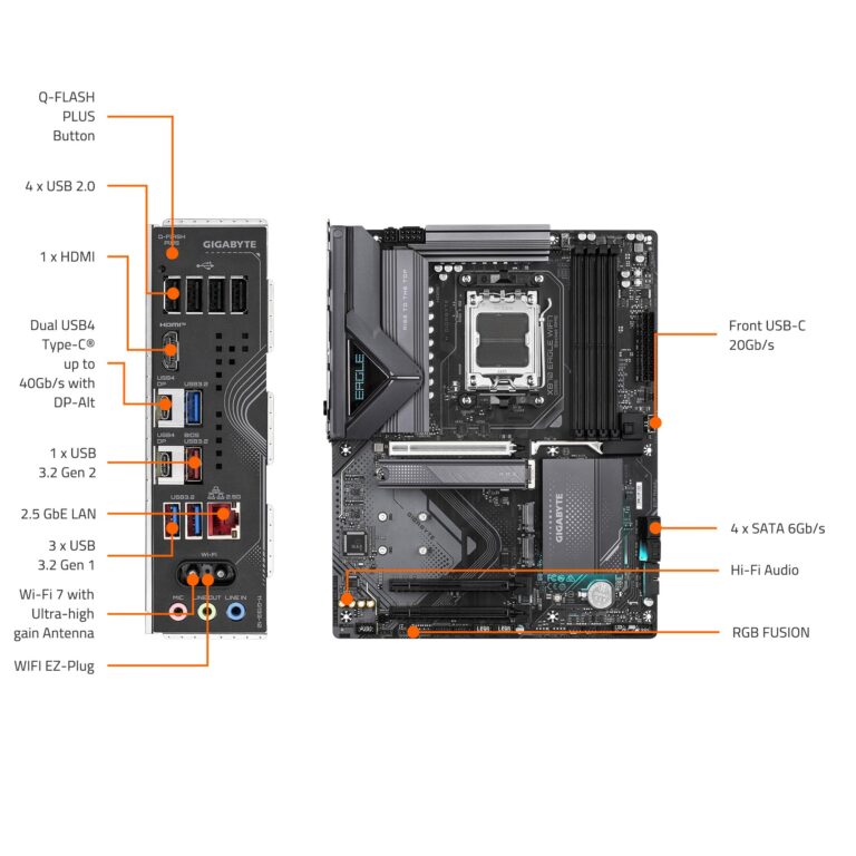 GIGABYTE X870 Eagle WIFI7 AMD AM5 LGA 1718 Motherboard, ATX, DDR5, 4X M.2, PCIe 5.0, USB4, WIFI7, 2.5GbE LAN, EZ-Latch, 5-Year Warranty - Image 2
