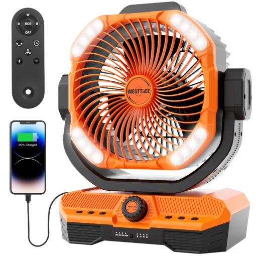 WESTTREE Battery Powered Fan Powerful Airflow Battery Operated Air Circulator Fan for Bedroom,Quiet & 360°Auto Oscillating Rechargeable Camping Fans with LED Light (RGBW) X66 Orange - Image 9